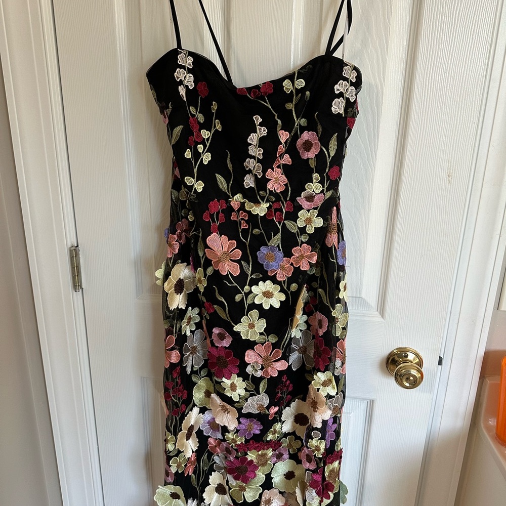 Lulu's Black Midi Dress with Floral Embroidery